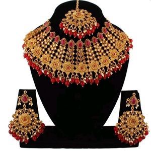 Gold Rodium Polish Red and Maroon Necklace in Metal Alloy with Austrian diamond